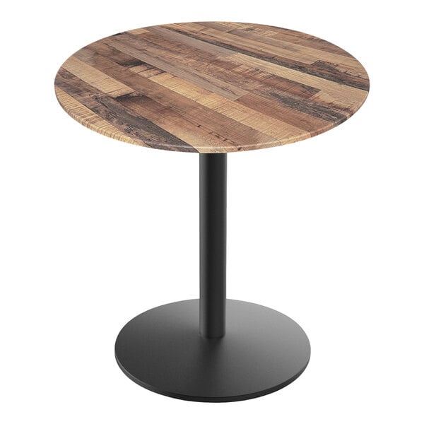 A Holland Bar Stool EuroSlim round wooden table with a black base.