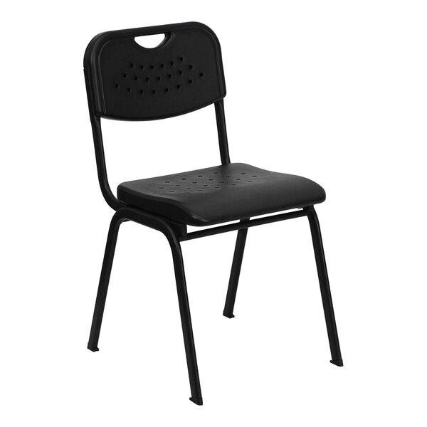 A black Flash Furniture plastic chair with a black backrest.