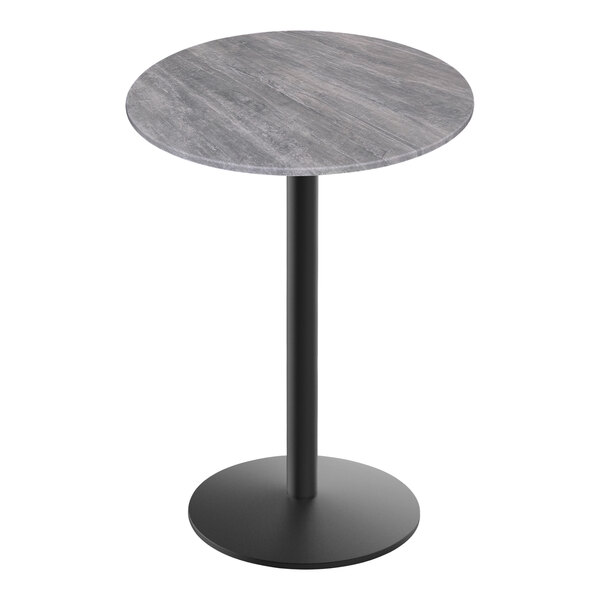 A Holland Bar Stool EuroSlim round bar table with a black base and grey top.