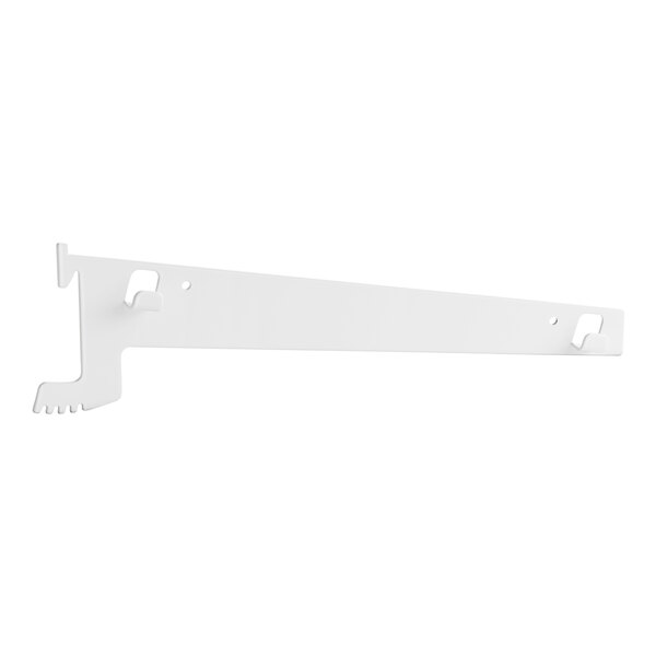 A white metal Avantco Refrigeration shelf bracket with a screw on it.