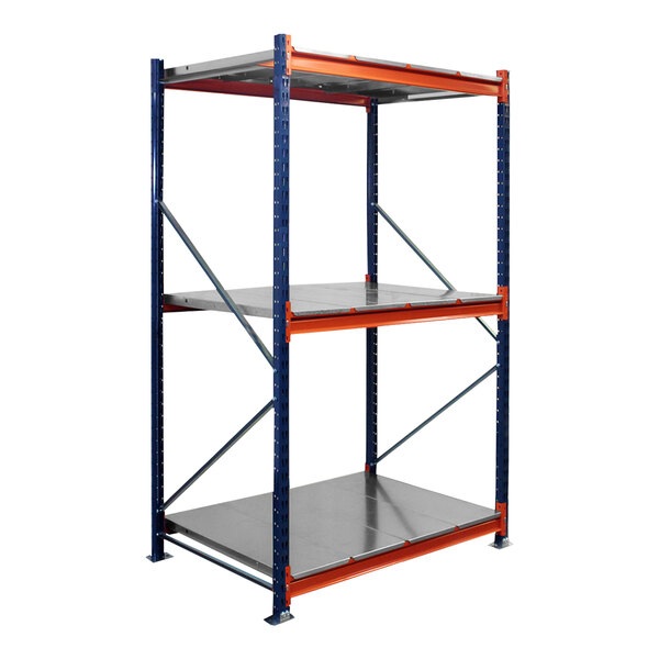 An Interlake Mecalux blue and orange steel shelving unit with steel decking.
