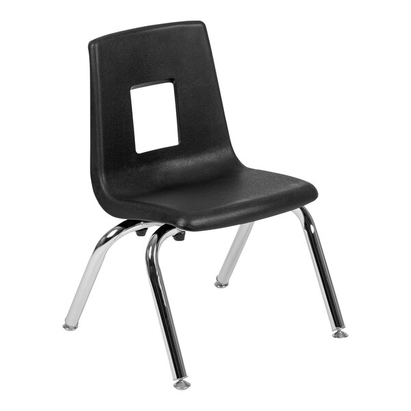 A Flash Furniture black plastic classroom chair with chrome legs and a square cut out.