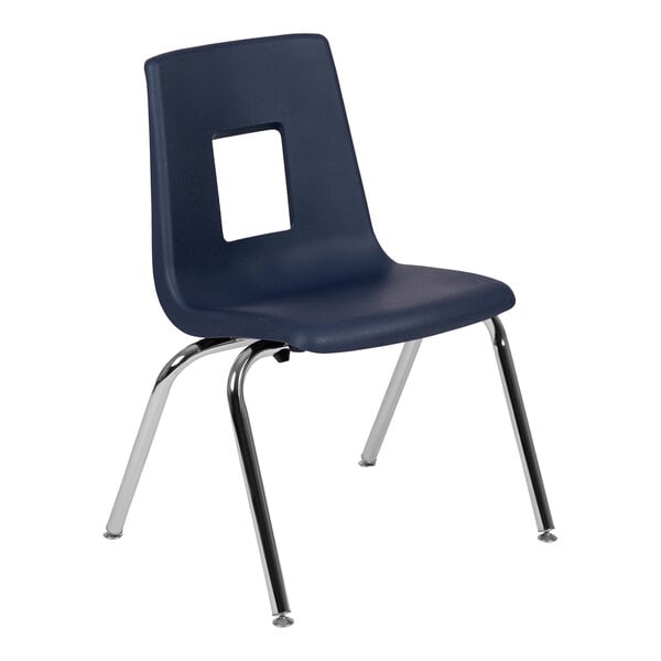 A Flash Furniture navy classroom chair with a square cut out on the back.