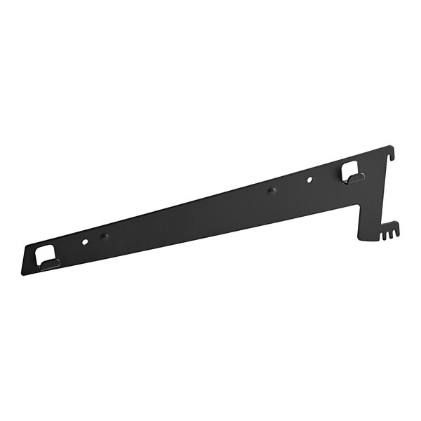 A black metal Avantco Refrigeration shelf bracket with holes and a screw on it.