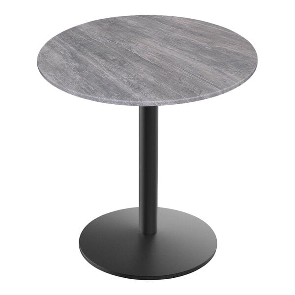 A round Holland Bar Stool outdoor table with a black base and grey top.