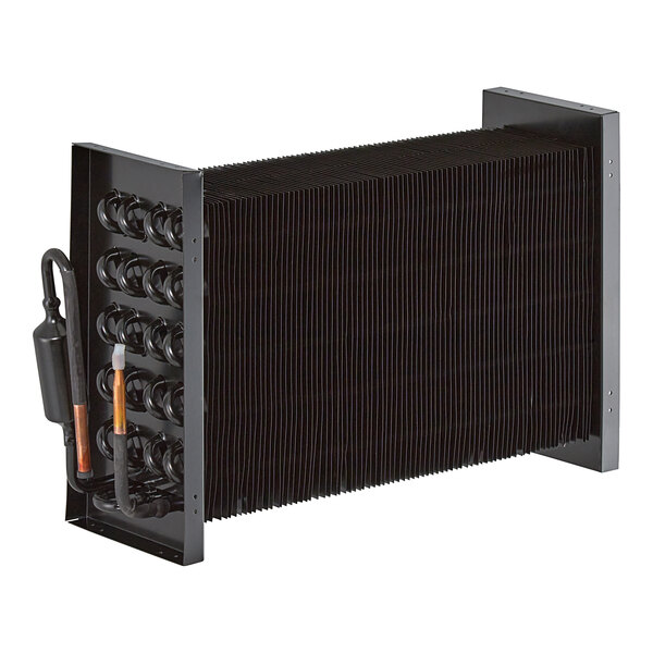 An Avantco Refrigeration evaporator coil, a black rectangular object with black wires.