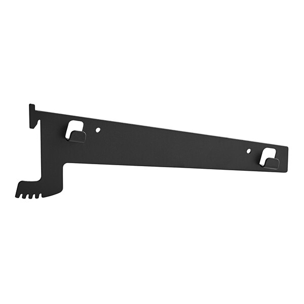 A black metal Avantco Refrigeration shelf bracket with two holes.