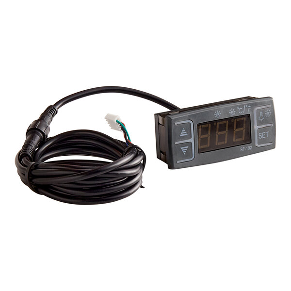 An Avantco digital thermostat with a wire for commercial refrigeration.