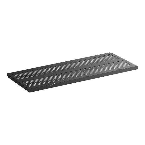 A black rectangular Avantco Refrigeration metal shelf with holes.