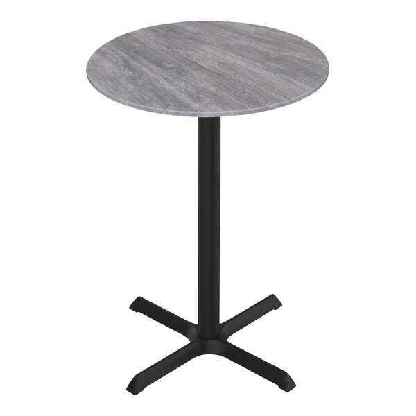 A Holland Bar Stool EuroSlim round grey table top with a black cross base.