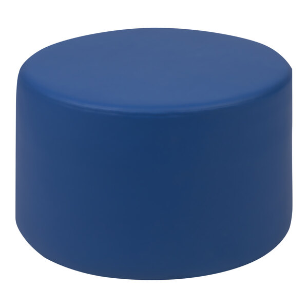 A blue round flexible seating ottoman with a lid.