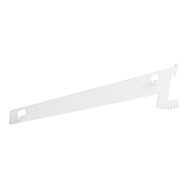 A white plastic Avantco Refrigeration shelf bracket with holes.