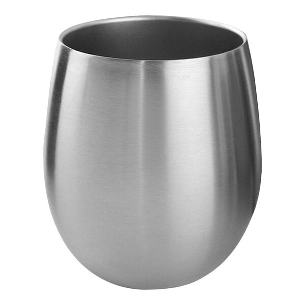 A silver stainless steel stemless wine glass on a white background.