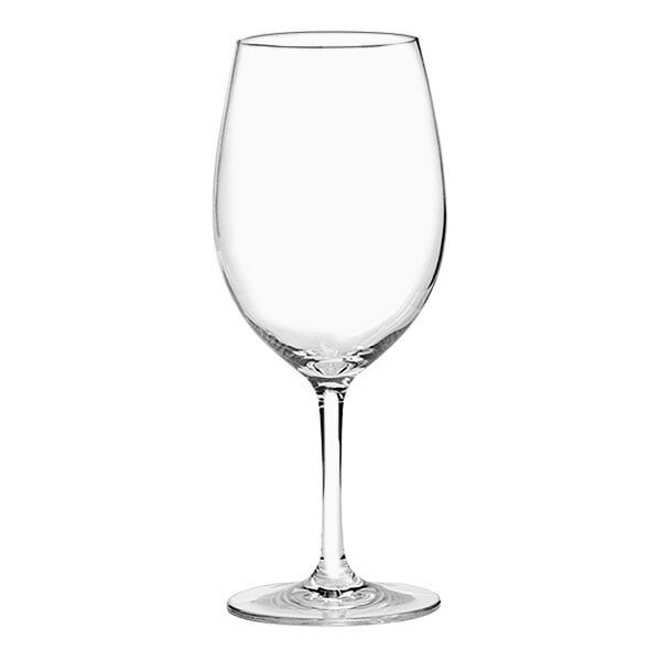 A clear Franmara Tritan plastic wine glass with a stem.