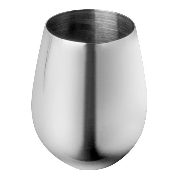 A Franmara stainless steel stemless wine glass on a white background.