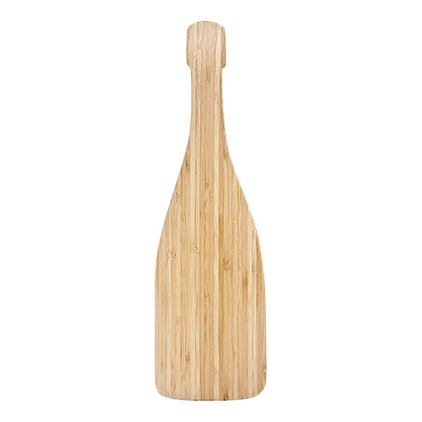 A champagne bottle-shaped bamboo cheese board with a white background.