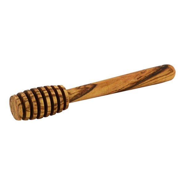 A Franmara olivewood honey dipper with a round wooden handle.