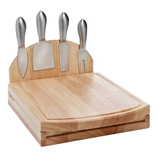A Franmara wooden magnetic cheese board with a Swing-A-Way cheese knife and fork set.