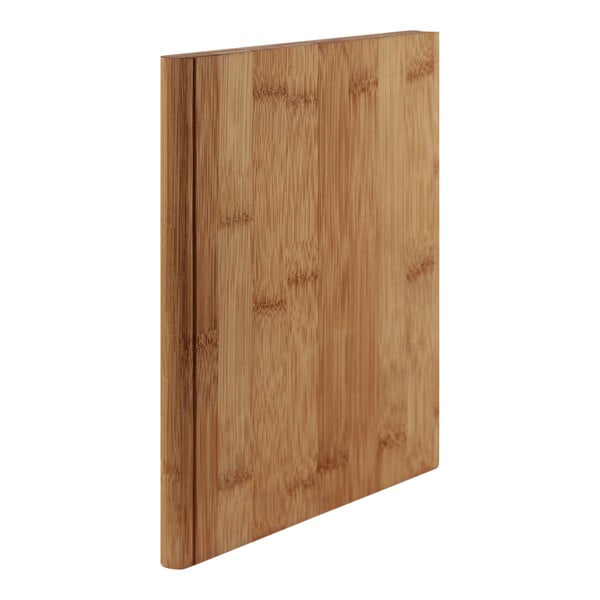 A Franmara bamboo cutting board shaped like a book with a wood surface and cover.