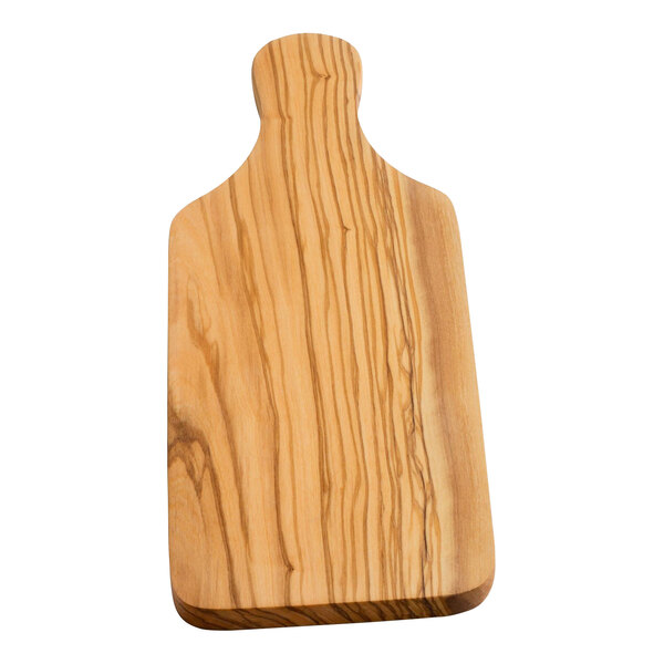 A Franmara olivewood paddle cheese board with a handle.