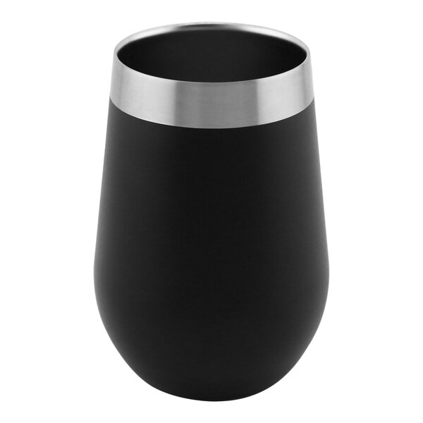 A black and silver Franmara stainless steel wine tumbler.
