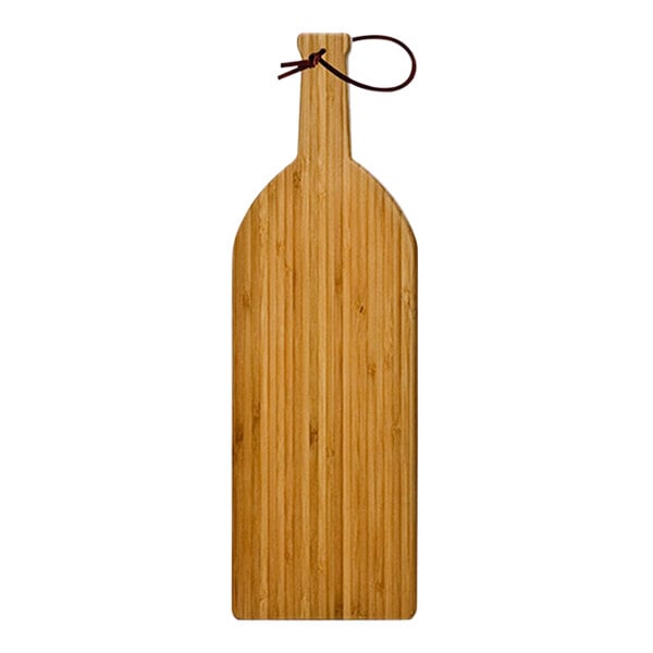 A Franmara wine-bottle shaped bamboo cutting board with a strap.