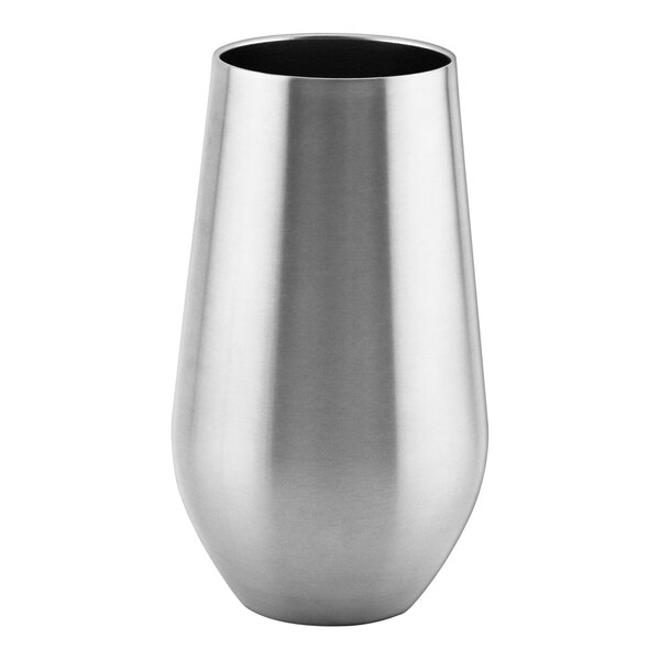 A close up of a silver Franmara stainless steel wine glass.