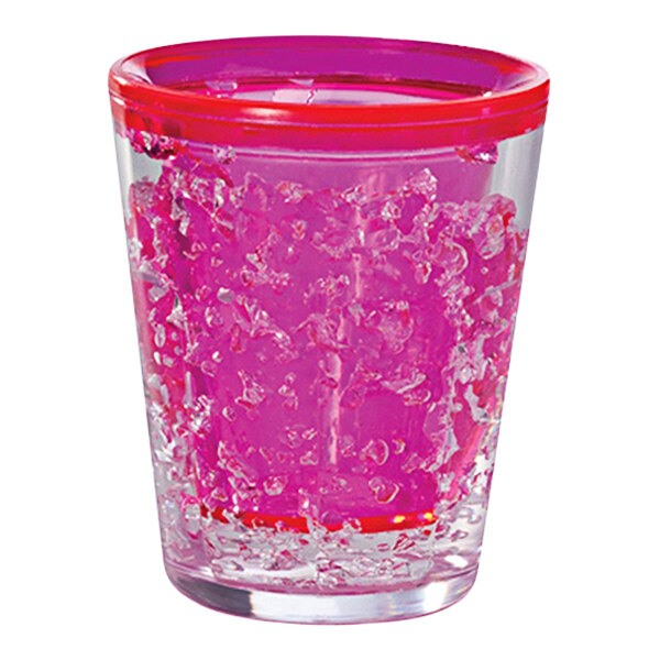 A Franmara shot glass with pink freezer gel inside.