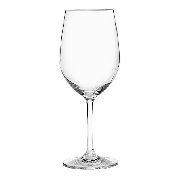 A clear Franmara Tritan plastic red wine glass with a short stem.