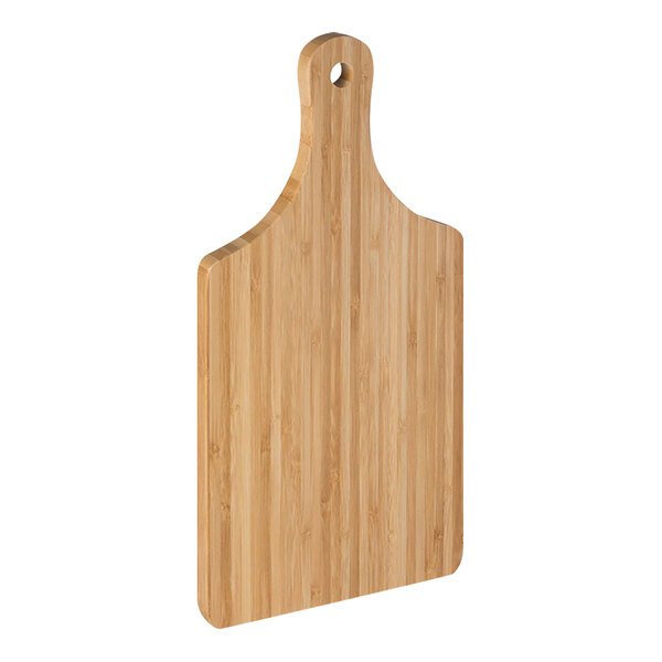 A Franmara bamboo paddle cheese board with a handle.