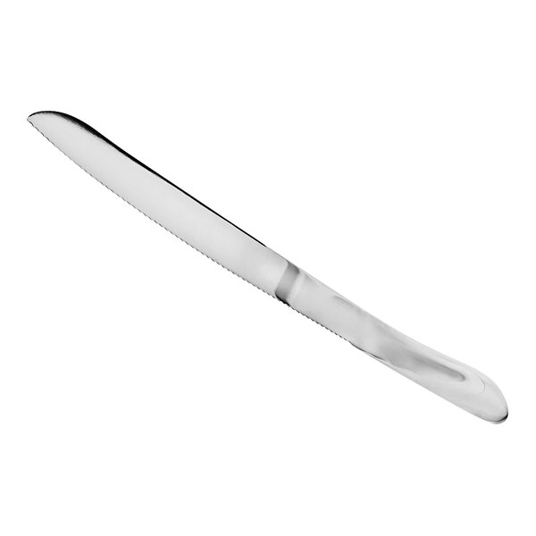 A close-up of a Franmara stainless steel bread knife with a silver handle.