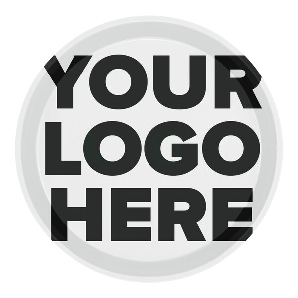 A white Cambro round fiberglass tray with the words "your logo here" in black.