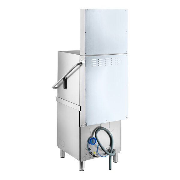 A close-up of a Noble Warewashing stainless steel door type dishwasher with a handle and hose attached.