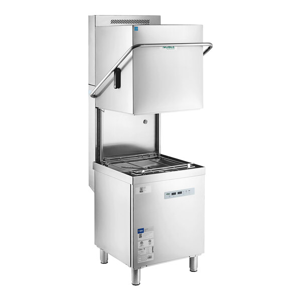 A commercial stainless steel high temperature door type dishwasher with a ventless design.