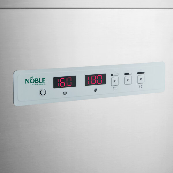 A control panel of a Noble Warewashing high temperature door type dishwasher with digital displays and buttons.