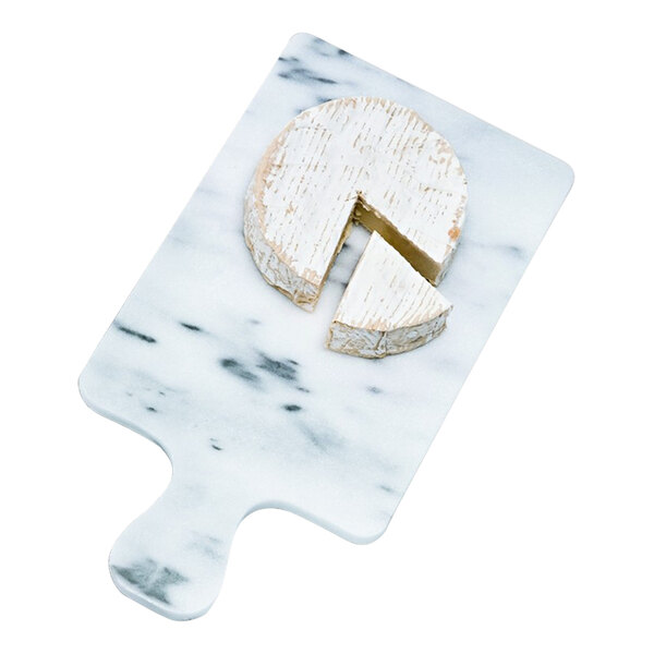 A marble cheese board with a slice of cheese on it.