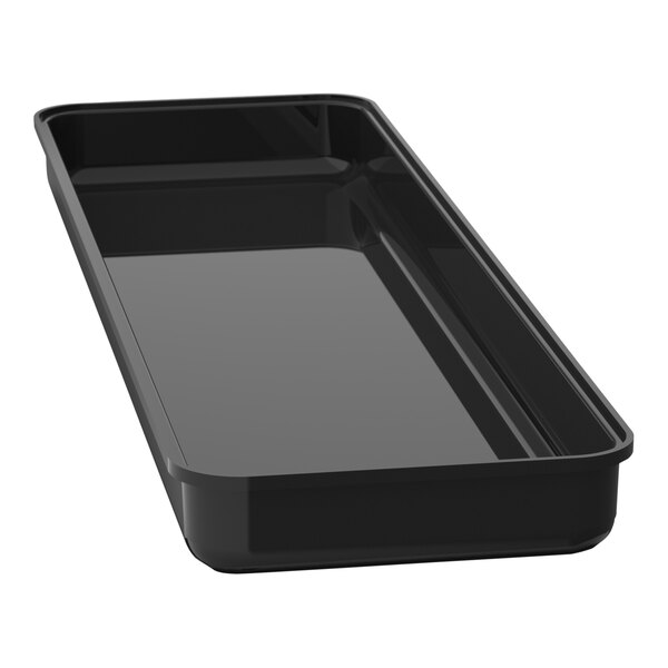 A black rectangular Delfin market tray with a clear bottom.