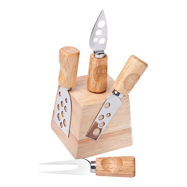 A Franmara bamboo block with cheese knives and a fork.