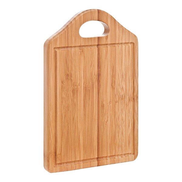A Franmara bamboo cutting board with a handle.