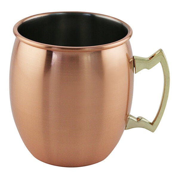 A brushed copper Moscow Mule mug with a handle.