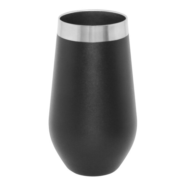 A black stainless steel Franmara stemless wine tumbler with silver accents.