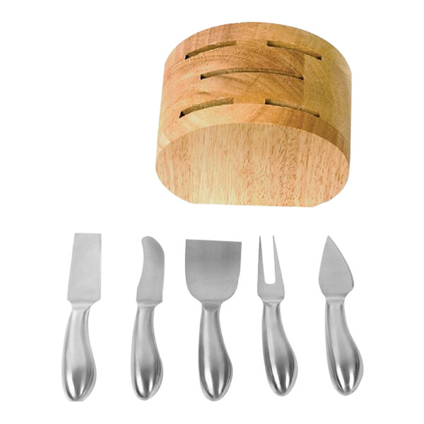 A Franmara cheese knife set in a wooden block.