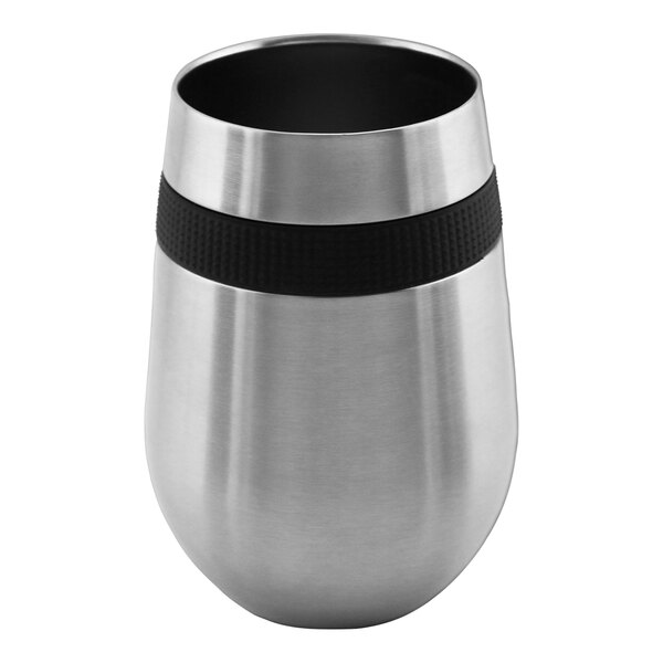 A Franmara stainless steel stemless wine glass with black silicone band.