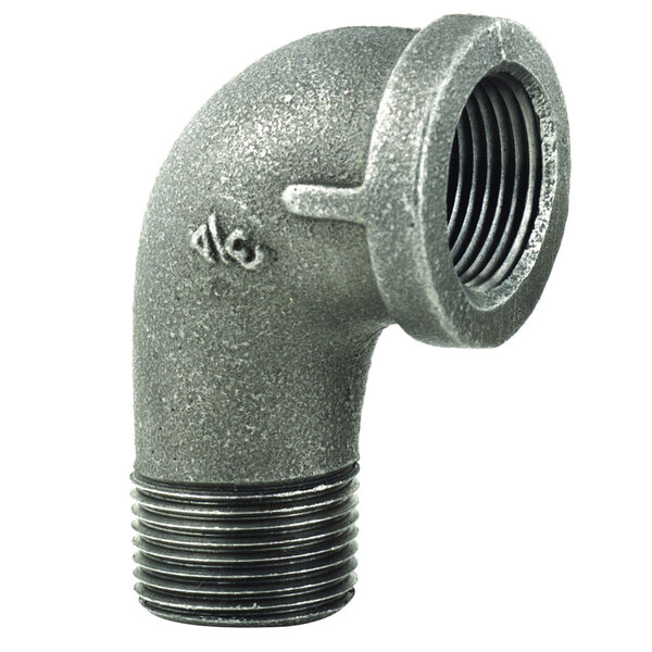 A black T&S female to male elbow connector for a gas appliance with a threaded end.