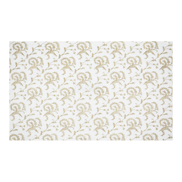 A white background with a white and gold floral pattern.
