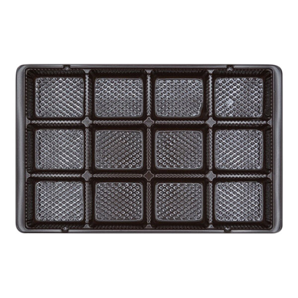 A brown rectangular tray with 12 square compartments.