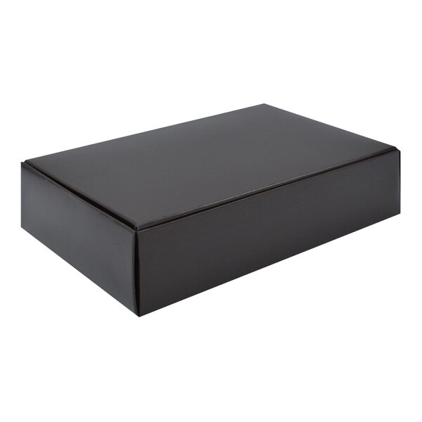 A black 1 1/2 lb. candy box with a lid on a white background.