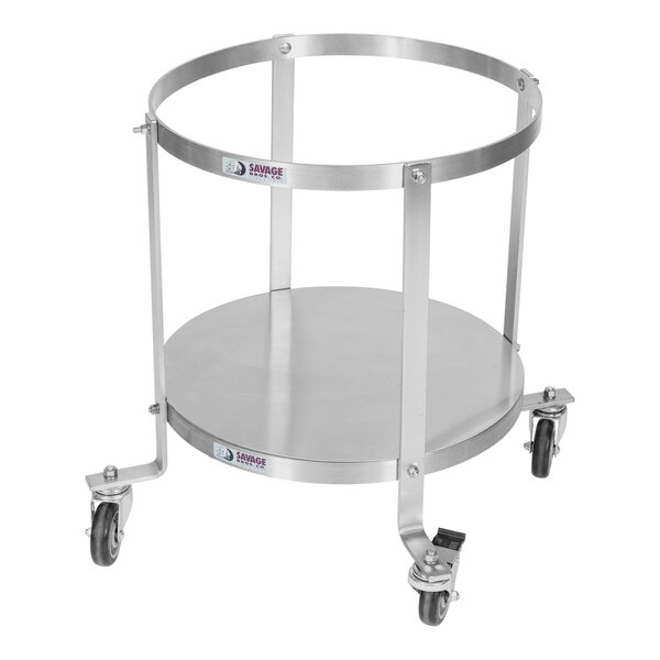 A stainless steel Savage Bros kettle dolly with wheels.