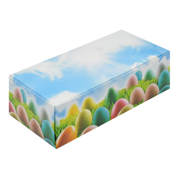 A rectangular box with colorful eggs on it.