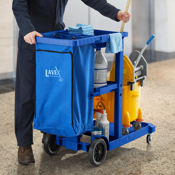 Lavex Blue 3-Shelf Janitor Cart with Yellow Vinyl Zippered Bag